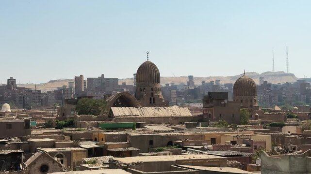 Aerial skyline of City of the Dead with old ruins of Islamic mosques