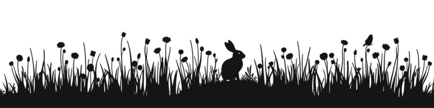 Silhouette of a rabbit sitting in tall grass with wildflowers, simple black nature scene isolated on white background, vector illustration