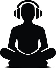 Silhouette of a person meditating with headphones on a white background