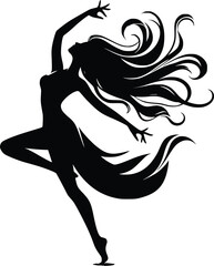 Silhouette of a ballet dancer with flowing hair in a dynamic pose