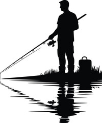 Silhouette of a person fishing on calm water at sunset