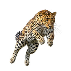 Obraz premium Powerful Leopard Pouncing Isolated White Background on white background, Isolated on Transparent Background