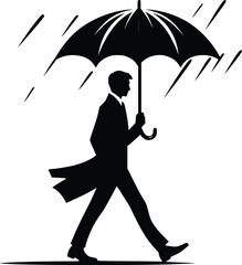 Silhouette of a person walking in the rain with an umbrella