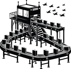 Industrial conveyor system with control tower and birds flying overhead