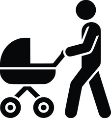 Silhouette of person pushing a baby stroller in black and white