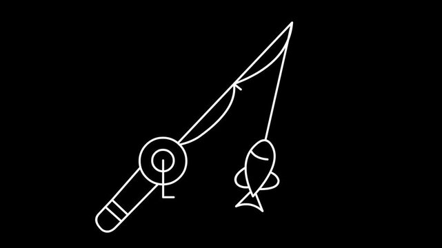 Fishing Rod and Hook Line Icon on Black Background