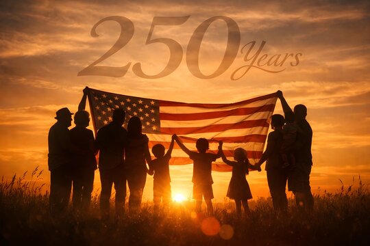Group of diverse people holding American flag at sunset celebrating 250 years of independence with golden sky background