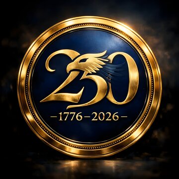 Golden 250th Anniversary Emblem Of American Independence With Eagle And Years 1776 To 2026 On Dark Background