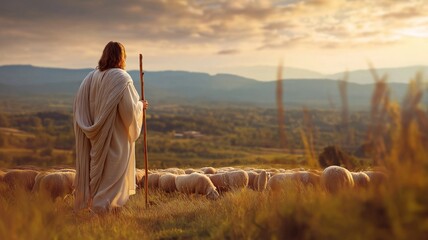 Jesus walking on a peaceful hillside at twilight amid sheep.