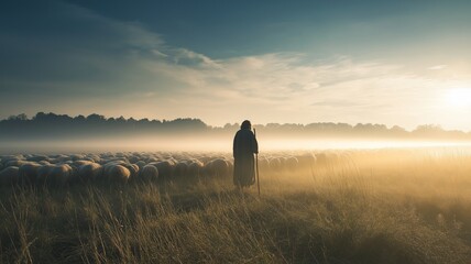 Jesus walking on a peaceful hillside at twilight amid sheep.