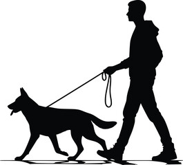 Silhouette of a man walking his dog on a leash against a white background
