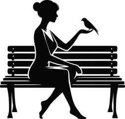Woman sitting on bench with bird perched on her hand in silhouette