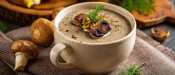 Creamy mushroom soup with herbs, foods concept
