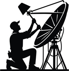 Technician adjusting a large satellite dish for optimal signal reception