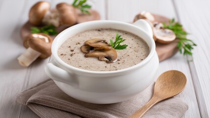 Creamy mushroom soup with herbs, foods concept