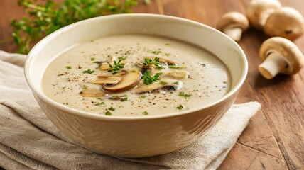 Creamy mushroom soup with herbs, foods concept