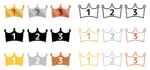 1位・2位・3位の王冠マーク・アワードや表彰に使えるベタ・線画・ランキング用の王冠アイコンセット