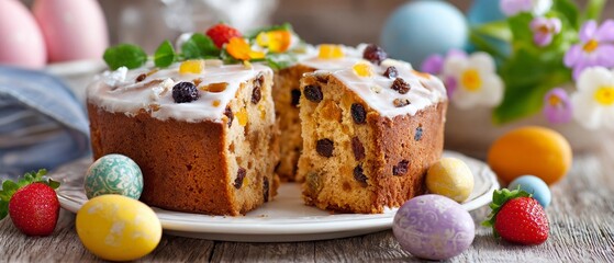 Festive fruit cake with easter eggs, festive baking and seasonal celebration.