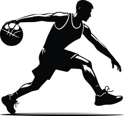 Silhouette of a basketball player dribbling the ball in action pose