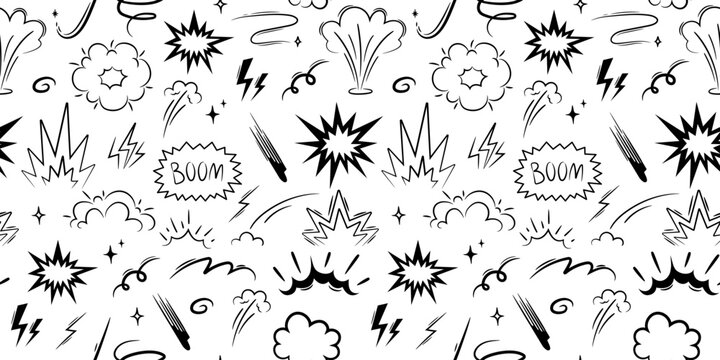 Comic boom burst, explosive smoke - Seamless Pattern. Vector Background with speed line cartoon vector icon. Cartoon effect, boom explosive motion line element set. Hand drawn sketch doodle action eff