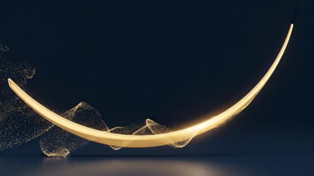 Glowing golden crescent shape with water splashes on a dark background with warm lighting and a minimalist composition.