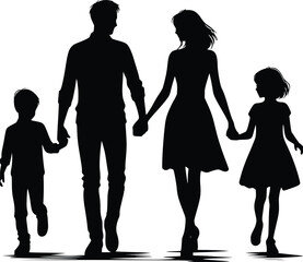 Silhouette of a family of four holding hands and walking together