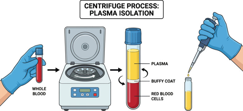  Medical Blood Centrifugation and Plasma Isolation Process Vector Illustration 2026: Laboratory Diagram Showing Whole Blood Separation into Red Cells, Buffy Coat, and Plasma 