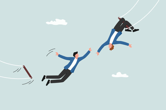 Support for success in work, collaboration or teamwork, helping each other to achieve the target concept, businesspeople do trapeze attractions by jumping and being caught by their partners.