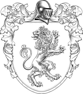 A lion coat of arms or crest family heraldry medieval heraldic knight shield with helmet and acanthus filigree scroll ornament in a vintage woodcut style.