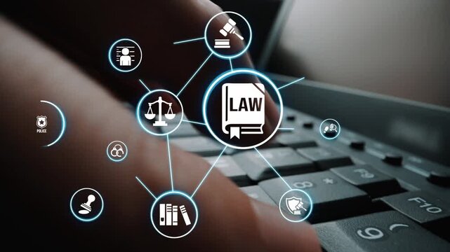 Law icons illustrate justice, court, and regulation system. Law represents fairness, law supports police, and law connects with rules, rights, and enforcement. Funnel