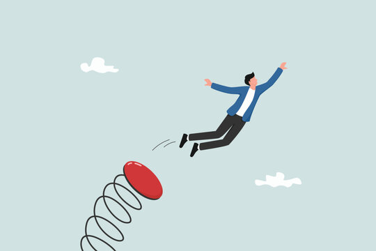 Boost up business growth, improvement, career path or job promote to higher position concept, confidence businessman leader jumping springboard up high in the sky.