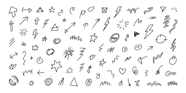 Handwritten scribble icons and messy star doodles with lightning bolts and abstract marks for casual design