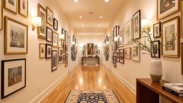 Inviting Residential Hallway Featuring Multiple Framed Paintings, Ornate Rugs, and Console Table