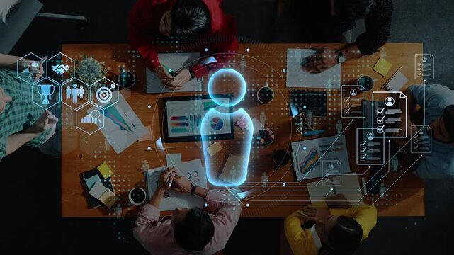 A diverse business team collaborates around a wooden table, utilizing technology and digital visualization tools. Professionals engage in creative discussions and strategic planning. Raster