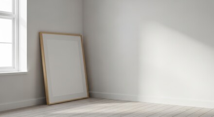 Fototapeta premium Blank Frame Mockup Leaning on Minimal Wall in Bright Empty Room 