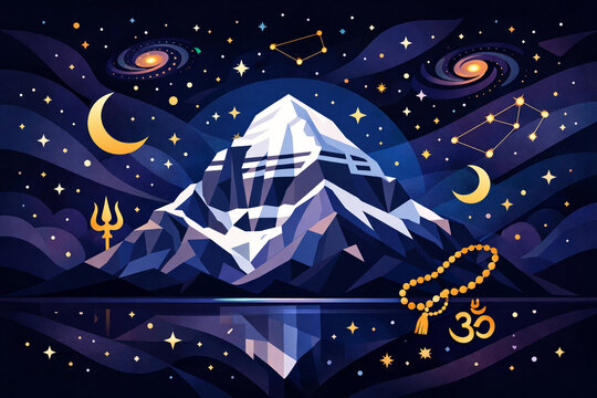 Stylized vector art of lord Shiva's sacred mount Kailash mountain. Hindu holy place of Shiva. trishul, trident, moon and cosmos beautiful spiritual mahashivratri illustration