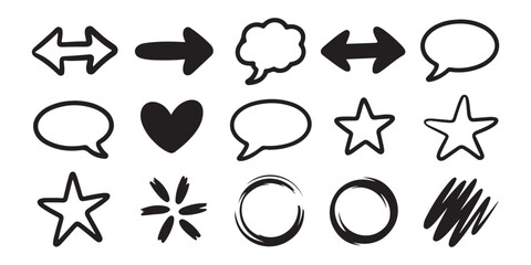 Hand drawn grunge shapes set with speech bubbles stars hearts and circles for playful creative compositions