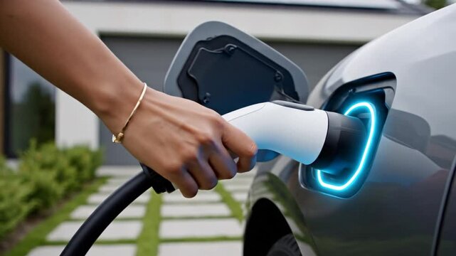 Connecting an electric car charger into the charging port of a modern vehicle outside a home for sustainable transportation