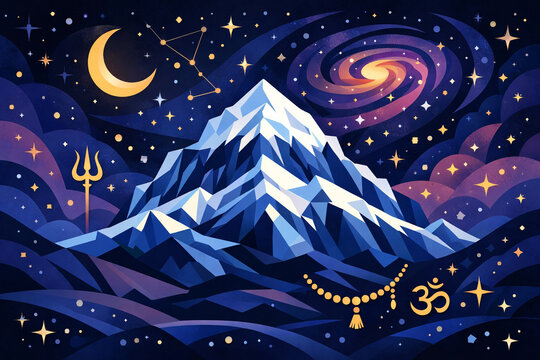 Stylized vector art of lord Shiva's sacred mount Kailash mountain. Hindu holy place of Shiva. trishul, trident, moon and cosmos beautiful spiritual mahashivratri illustration