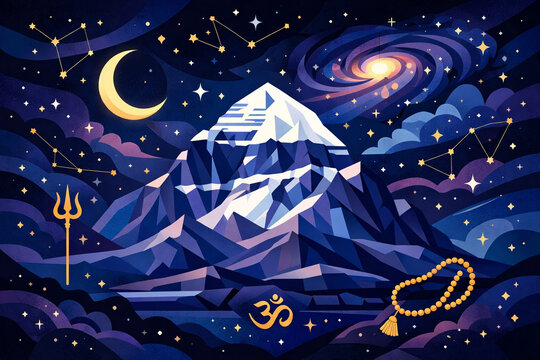 Stylized vector art of lord Shiva's sacred mount Kailash mountain. Hindu holy place of Shiva. trishul, trident, moon and cosmos beautiful spiritual mahashivratri illustration
