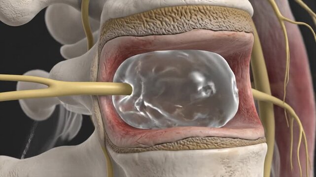 Spine decompression surgery animation: surgical disc replacement operation with fluid filling the spinal disc space