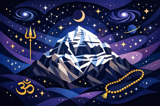 Stylized vector art of lord Shiva's sacred mount Kailash mountain. Hindu holy place of Shiva. trishul, trident, moon and cosmos beautiful spiritual mahashivratri illustration