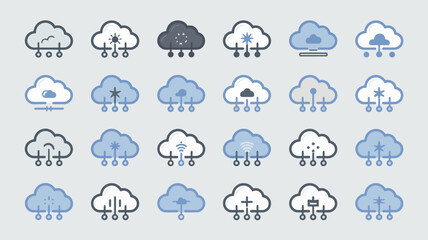 Obraz premium An assortment of blue weather icons depicting various cloud formations and precipitation types including rain snow and sunshine high quality professional detailed modern elegant stylish clean