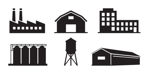 Industrial building icons set including factory warehouse silo and water tower for manufacturing and logistics © Nayan Arts