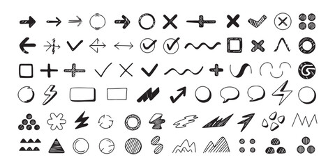Fototapeta premium Hand drawn doodles and symbols set collection of scribbled shapes and icons for design