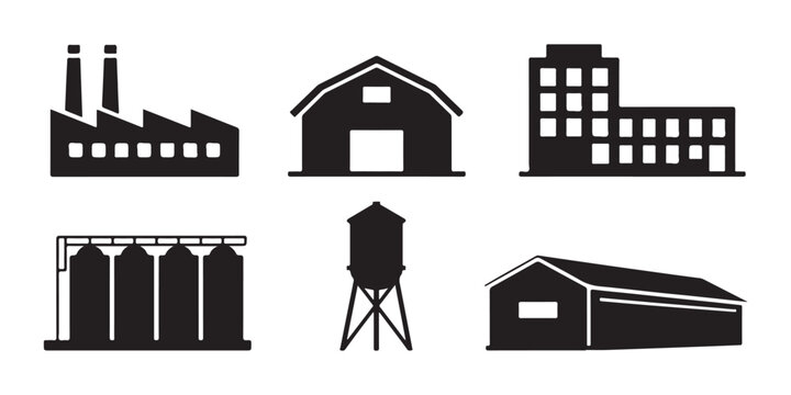 Industrial building icons set including factory warehouse silo and water tower for manufacturing and logistics