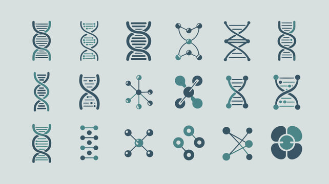 An arrangement of teal and gray dna helix and molecular structure icons on a light pastel background high quality professional detailed modern elegant stylish clean crisp