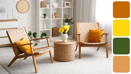 Obraz premium Interior of living room with wicker armchairs, basket and narcissus in vase. Different color patterns