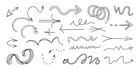 Set of hand drawn doodle arrows isolated on a white background, collection of black thin line sketch arrow icons