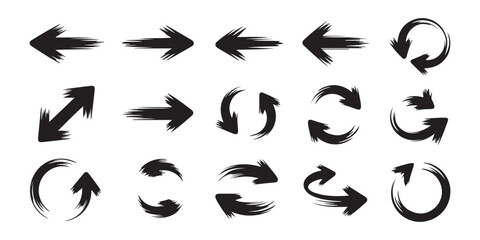 Set of hand drawn brush stroke arrows isolated on a white background, collection of black grunge doodle arrow icons